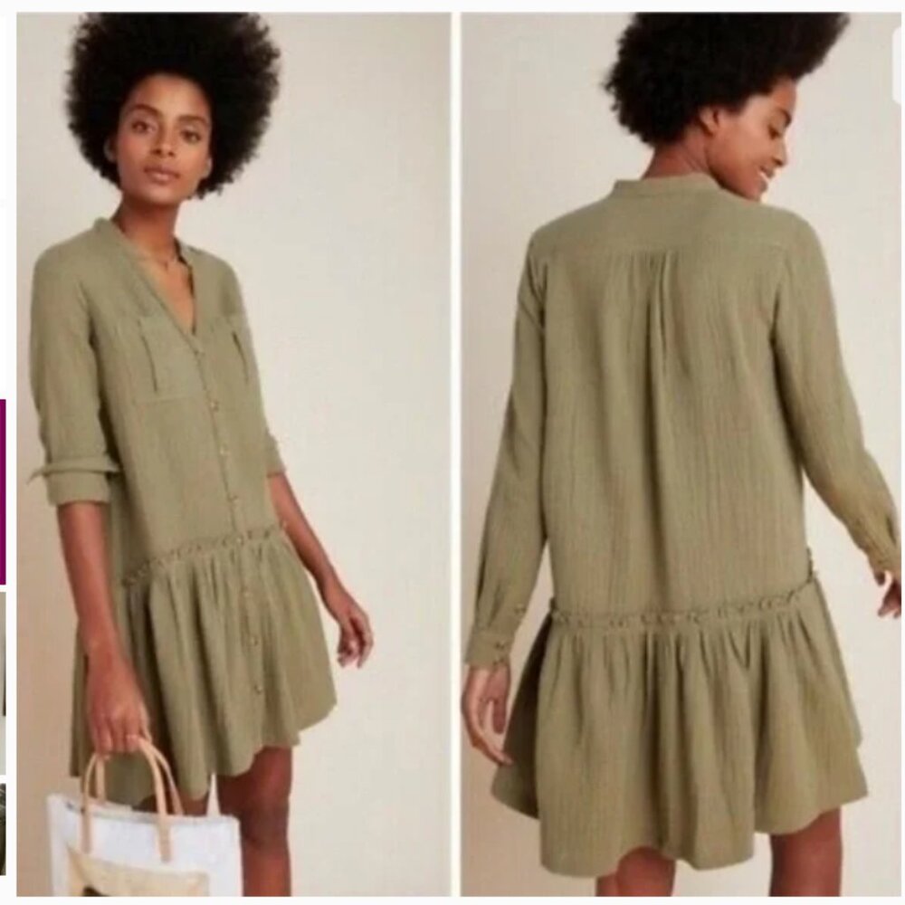 Anthropologie Maeve Katie Textured Utility Button Front Tunic Dress Moss Size 2